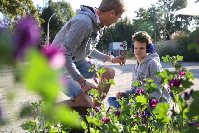 Ein junger Betreuer reicht einem Schüler eine frisch gepflückte, violettfarbene Blume im Schulgarten